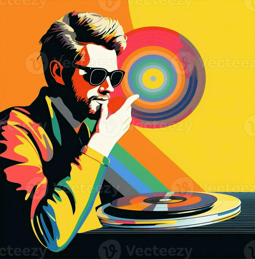 Pop man face retro records concept vintage thinking human cartoon art music style businessman photo