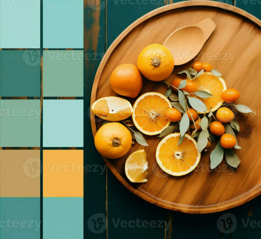 Table design holiday background vegan sweet food nature yellow orange citrus fruits lemon color photo