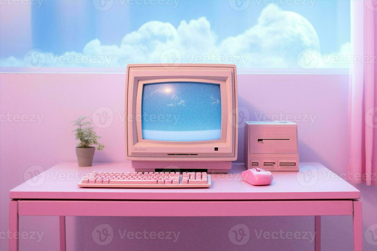 Pink mobile wooden office screen cyberspace technology concept monitor retro blue digital computer photo