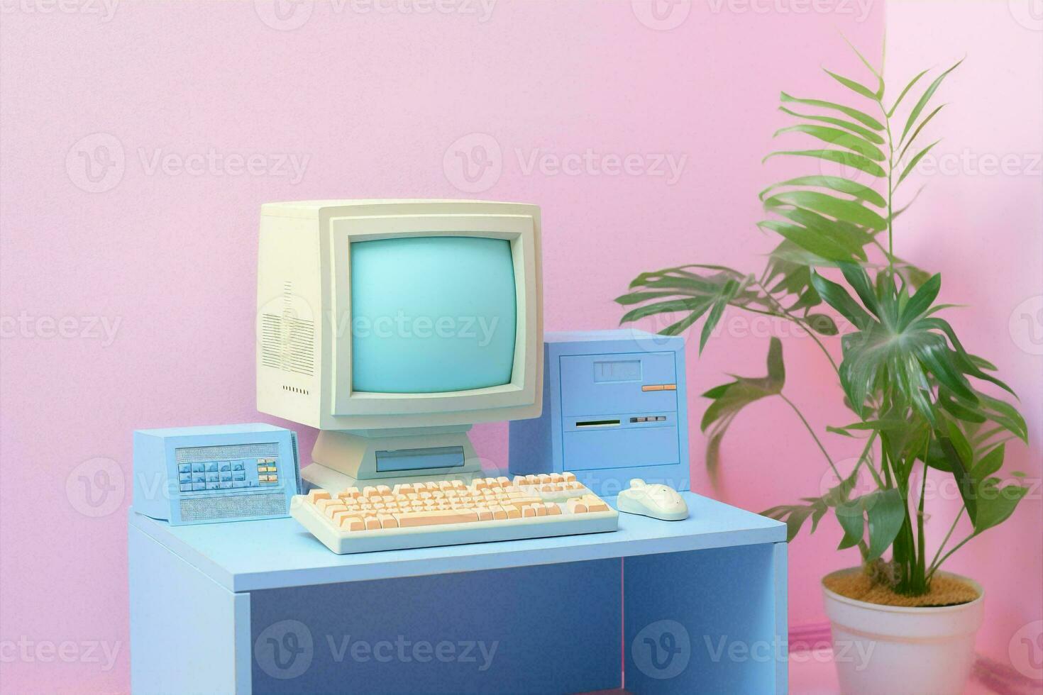 Retro technology lifestyle concept digital laptop cyberspace monitor white blue office computer pink photo