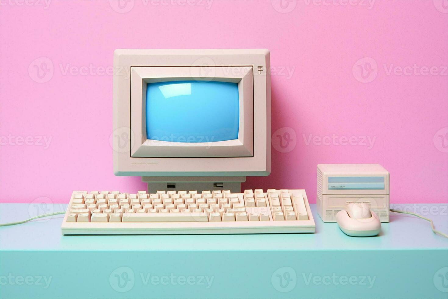 Work computer retro concept pink blue white technology office digital monitor cyberspace photo