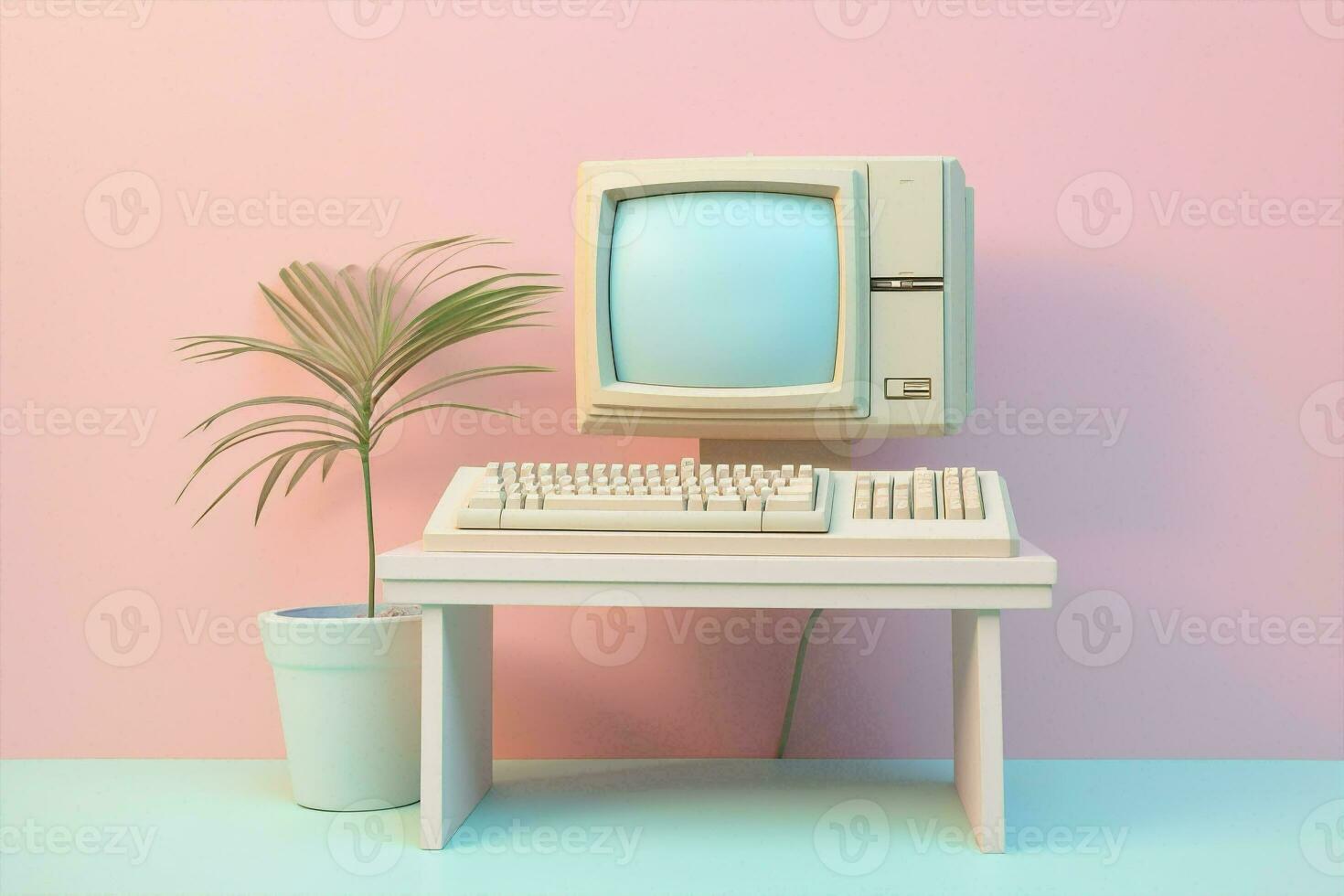 Blue blank technology office retro digital concept computer pink cyberspace laptop view monitor photo