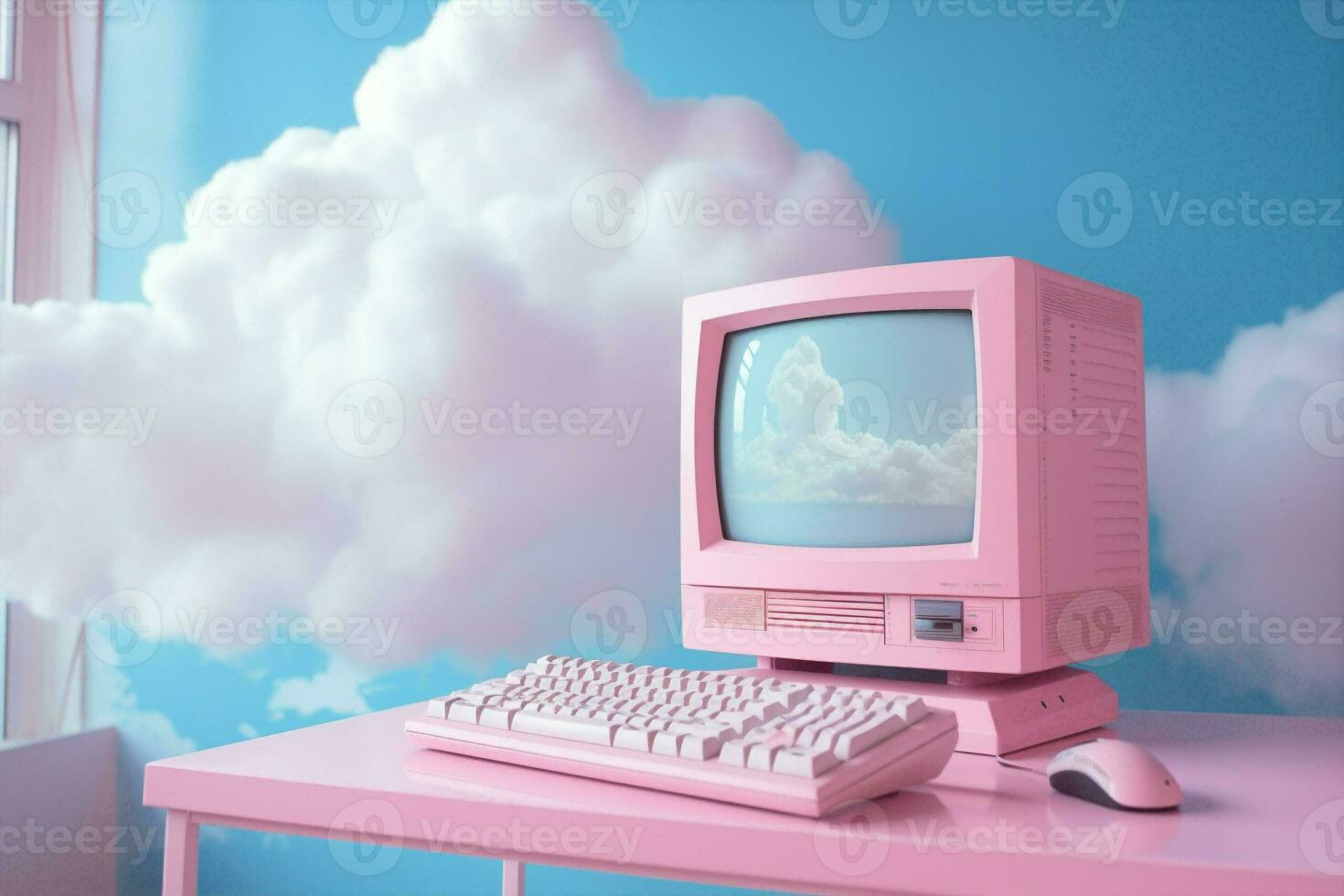 Cyberspace blue office concept monitor computer pink equipment digital retro workplace keyboard technology photo