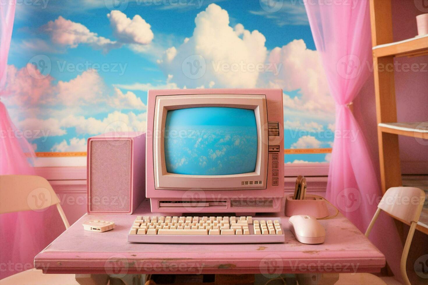 Display retro cyberspace office education monitor computer concept digital pink blue technology photo