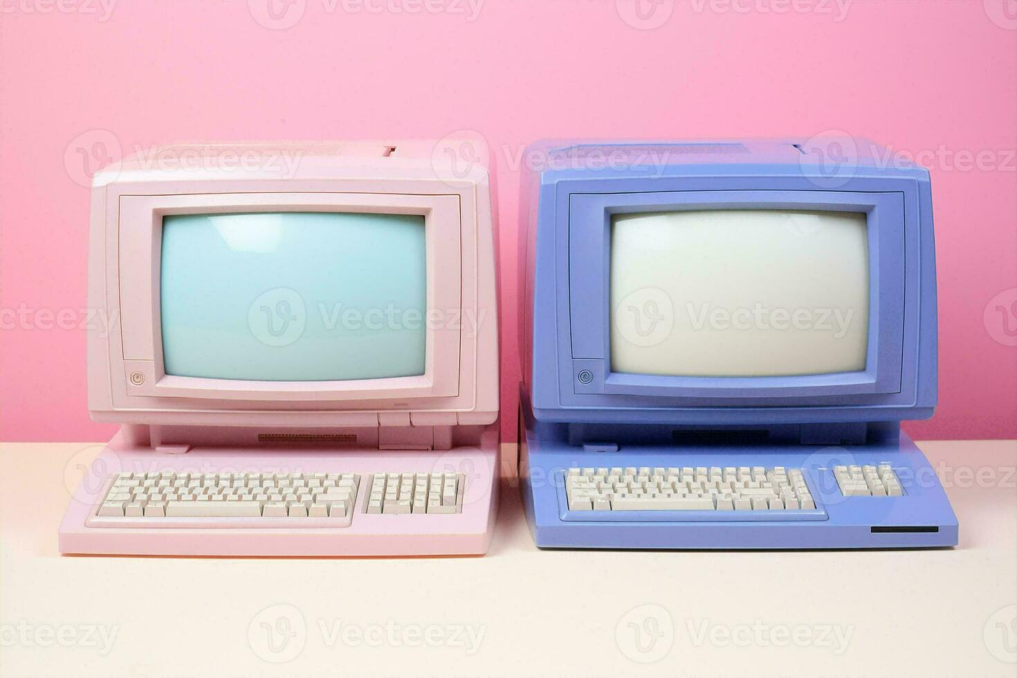 Monitor technology concept retro digital blue cyberspace office object pink computer photo