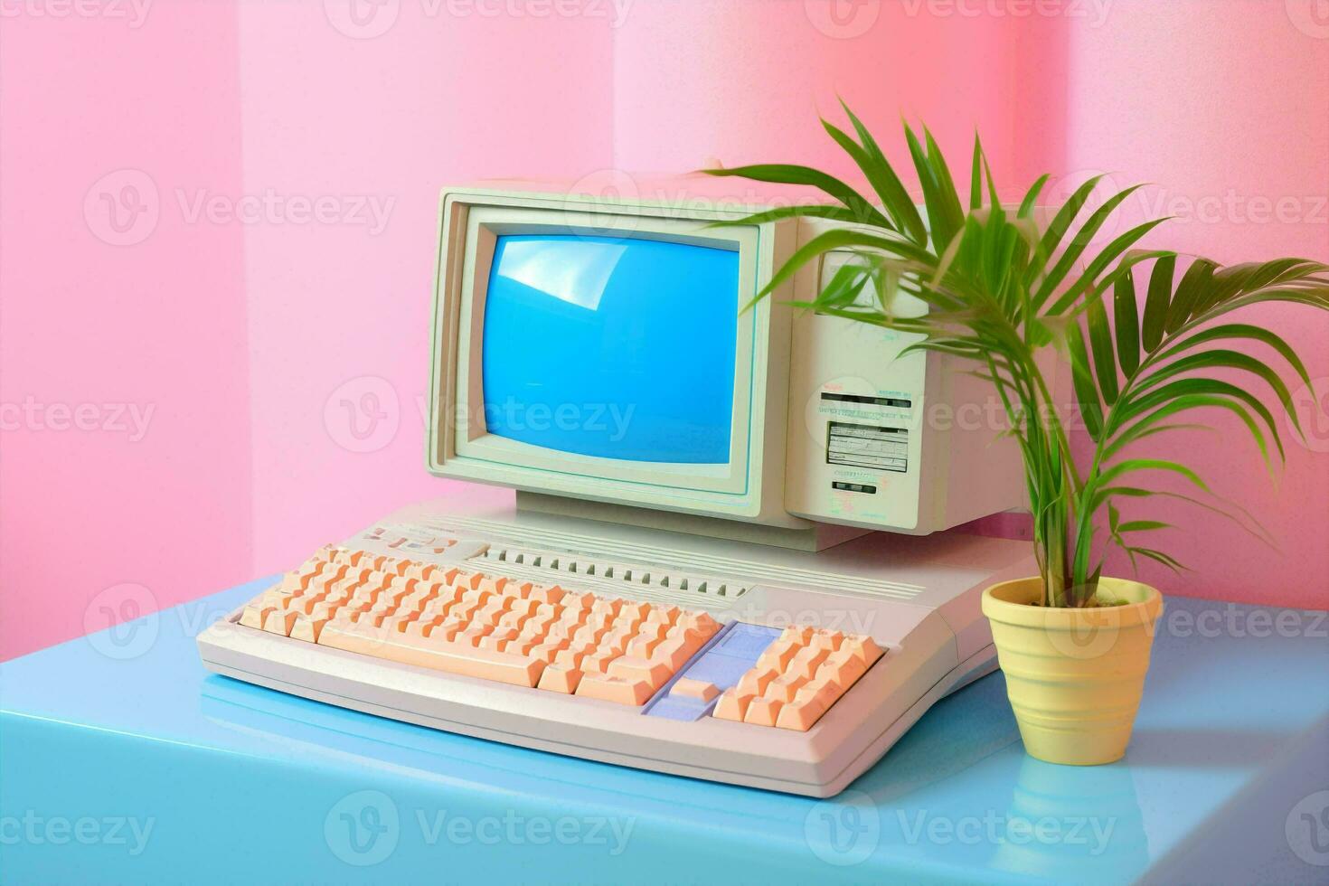 Monitor pink retro digital computer concept cyberspace blue technology office photo