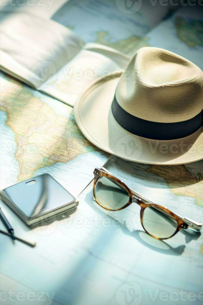 Hat traveler holiday summer casual plane trip journey vacation top map concept view vintage photo