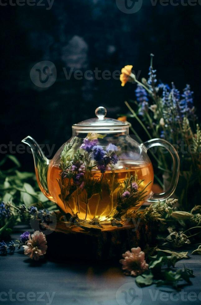 Background hot flowers healthy drink tea teapot water green herbal health photo