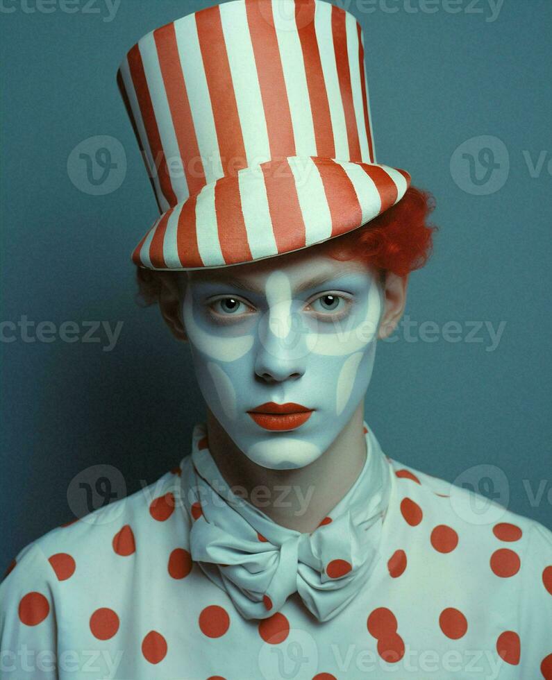 Man mime face paint clown resident european portrait fan art support circus red photo