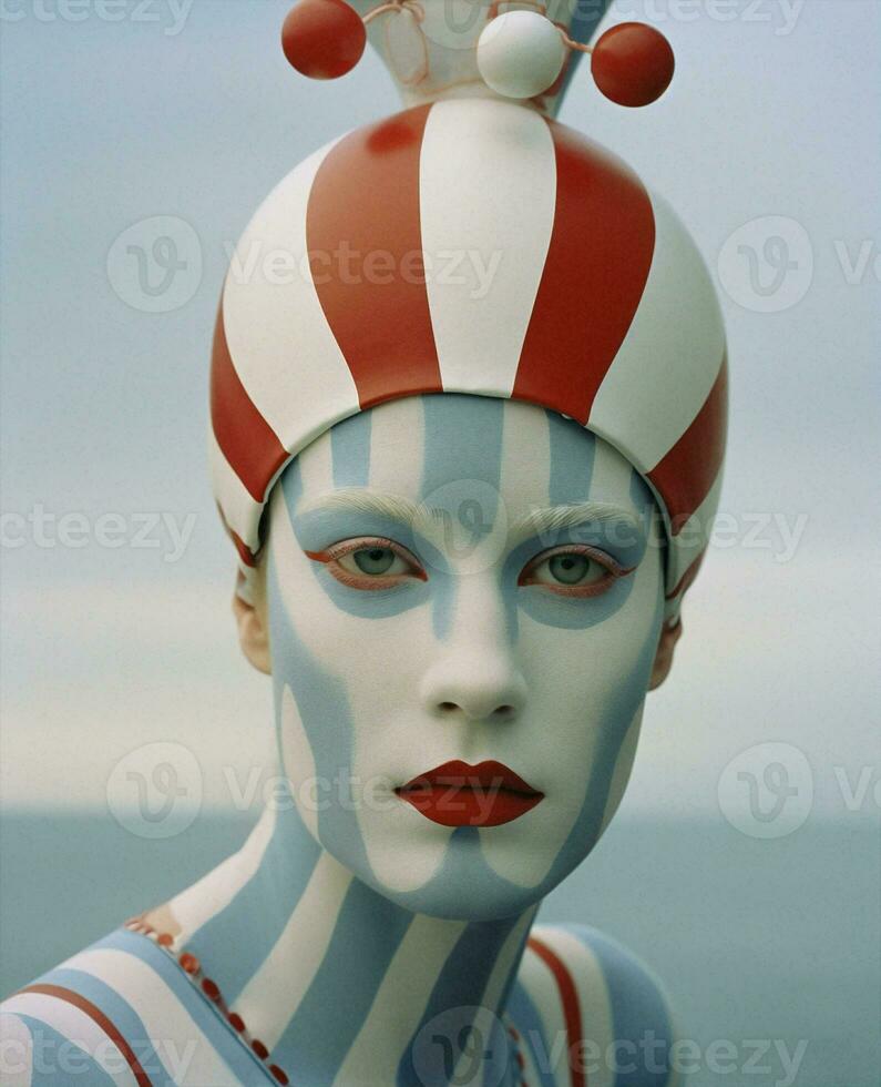 Man red art paint young fan face team portrait circus clown female attractive mime photo