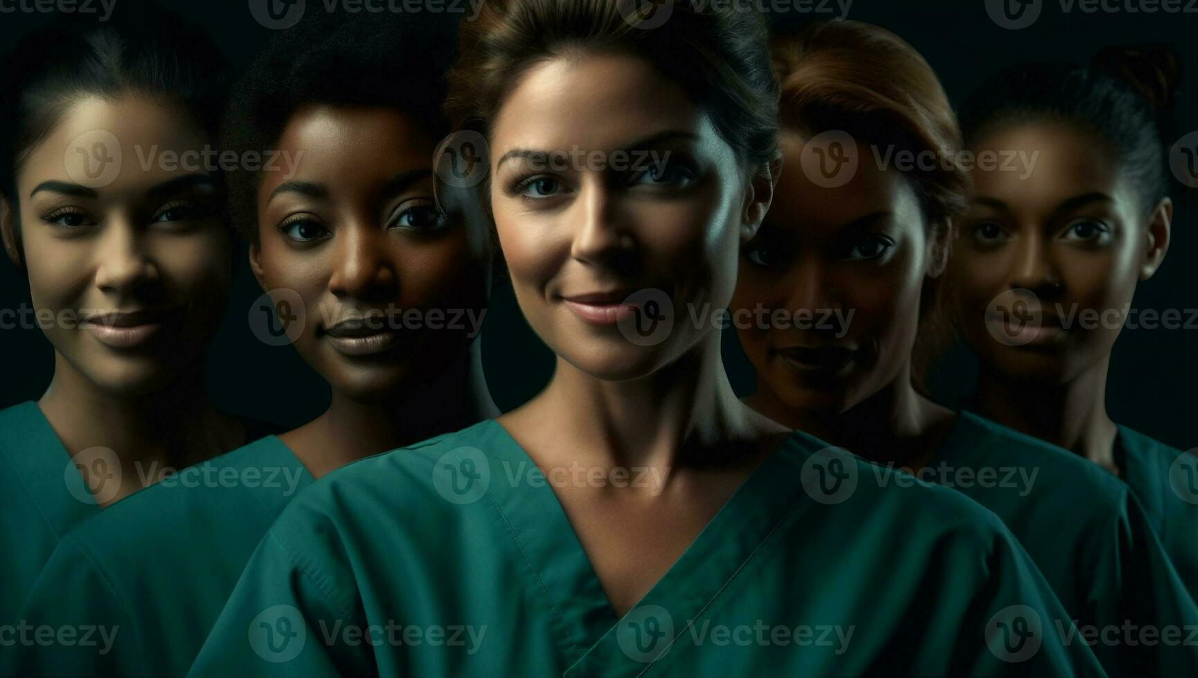 health group clinic women portrait doctor beauty real black nurse caucasian. Generative AI. photo