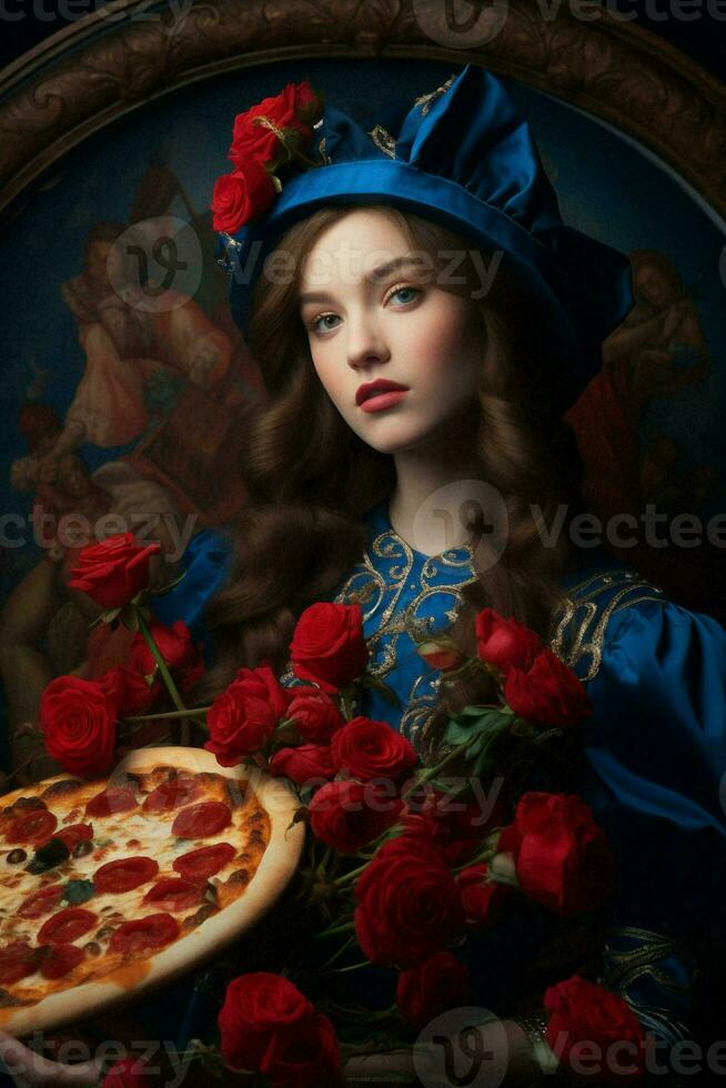 Woman food tasty dinner drink pizza photo