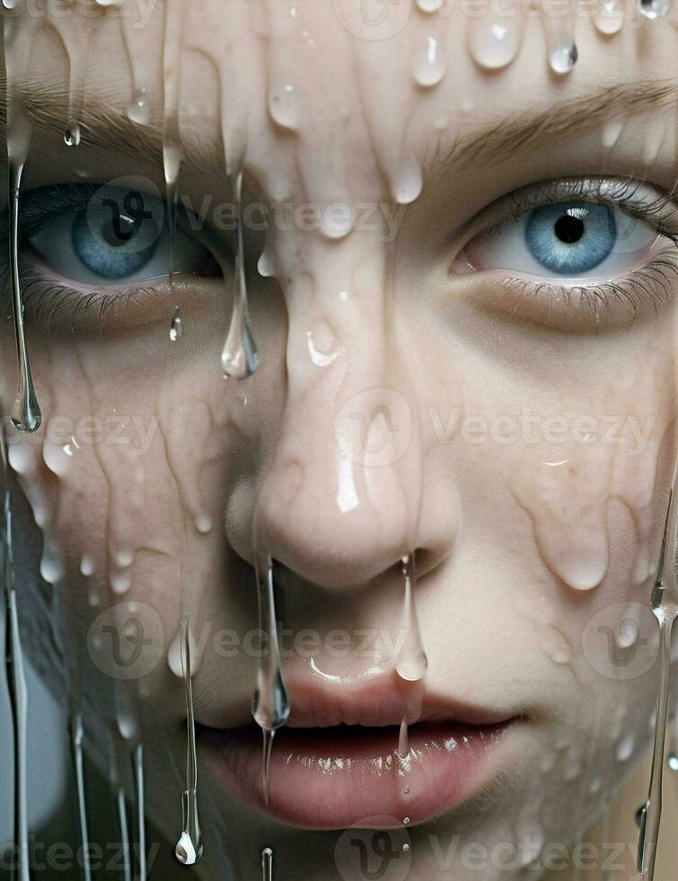 Clean woman beauty wash face care rain background skin water white portrait photo