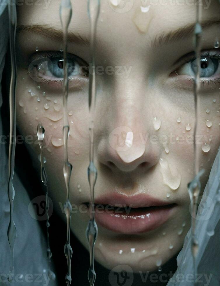 Woman face rain beauty long water portrait skin care shower white clean caucasian attractive photo