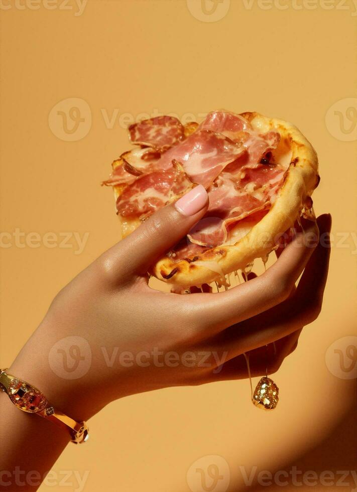 Delicious pizza yellow hand food photo