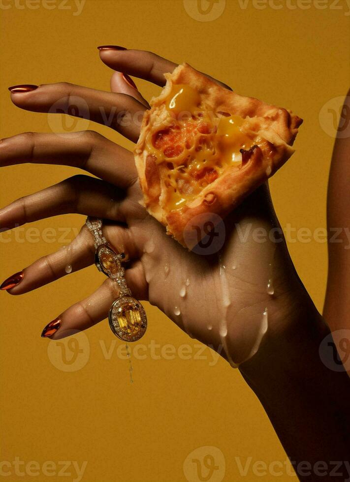 Yellow pizza hand food delicious photo