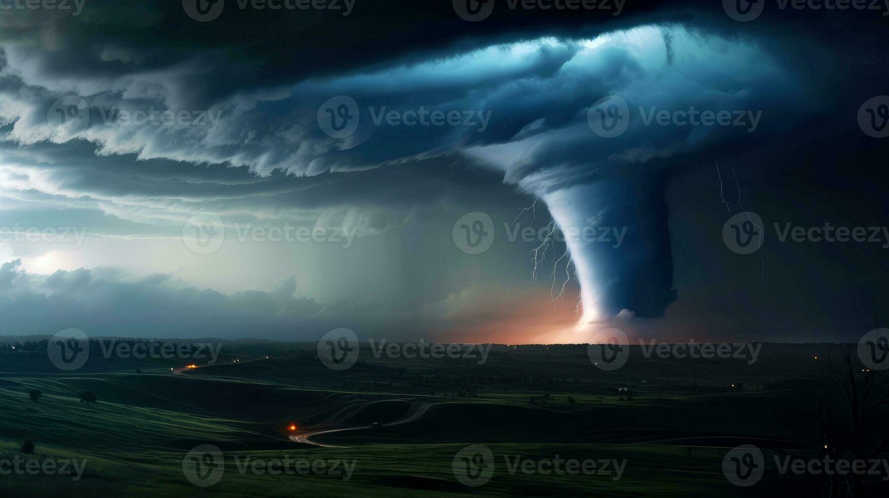 Tornado in stormy landscape, thunder storm, climate change, natural disaster, Generative AI illustration photo