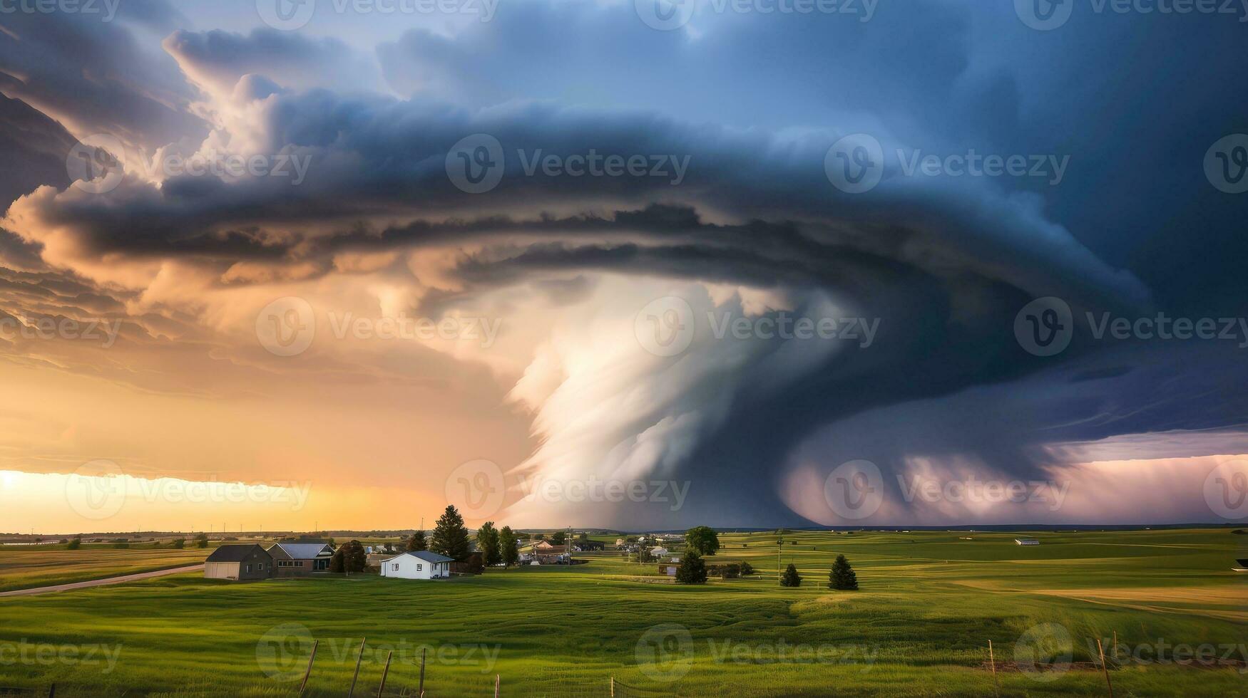 Tornado in stormy landscape, thunder storm, climate change, natural disaster, Generative AI illustration photo