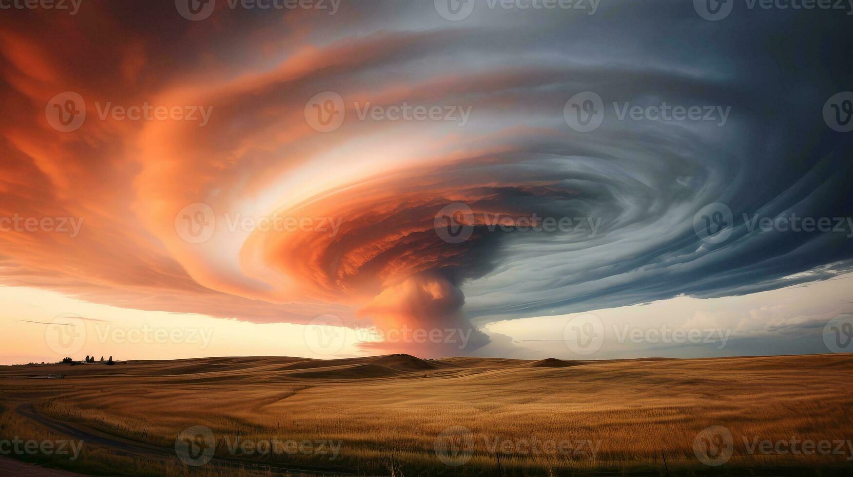 Tornado in stormy landscape, thunder storm, climate change, natural disaster, Generative AI illustration photo