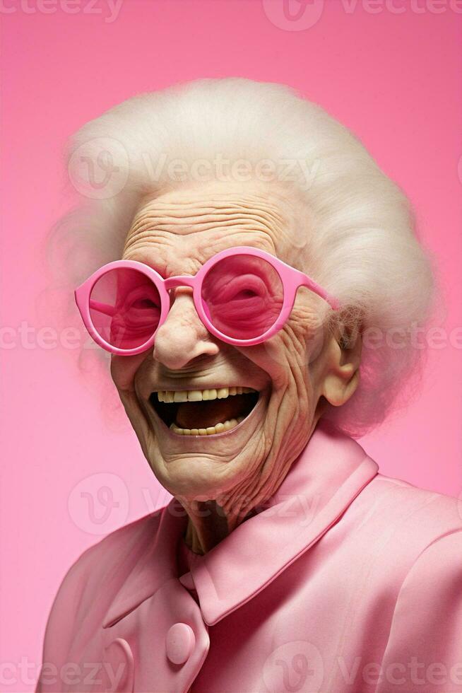 Happy woman senior old pink photo