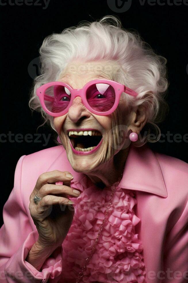 Woman portrait adult happy looking senior modern party sunglasses grandmother pink old photo