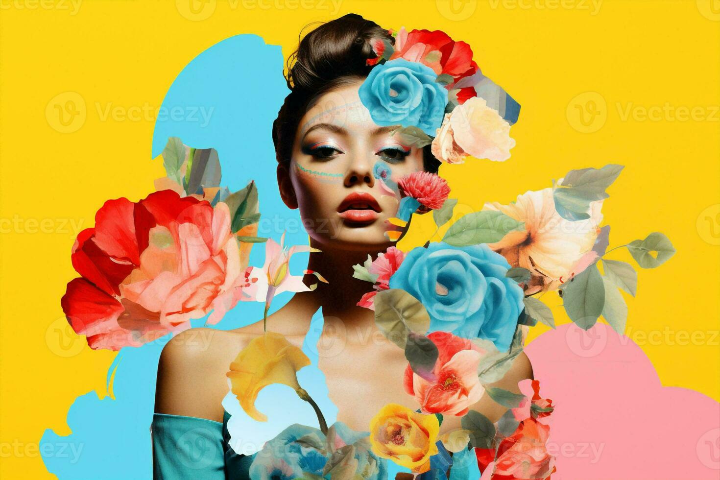 Woman pop art fashion flowers art concept design portrait beauty vintage glamour retro photo