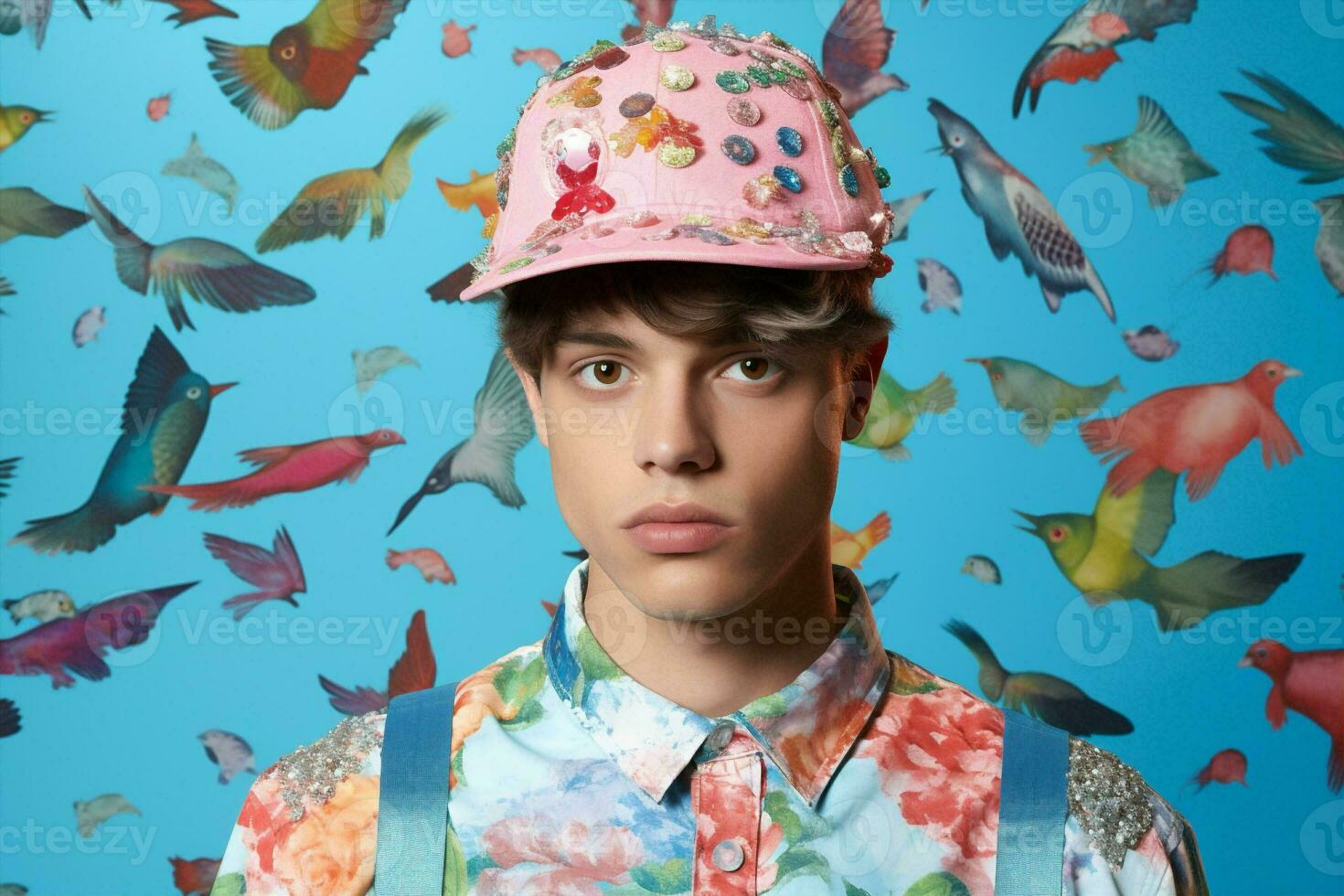 Modern man animal beauty lifestyle flowers dino portrait adult hat fashion cool one concept photo