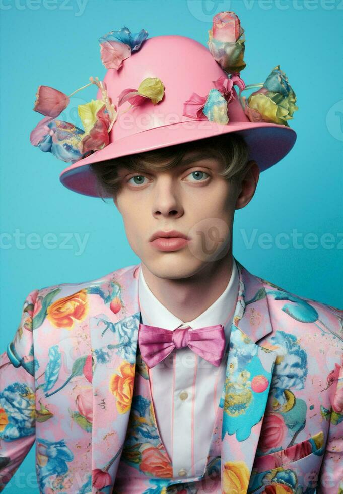 Animal man fashion lifestyle wall portrait hat modern dino flowers concept photo