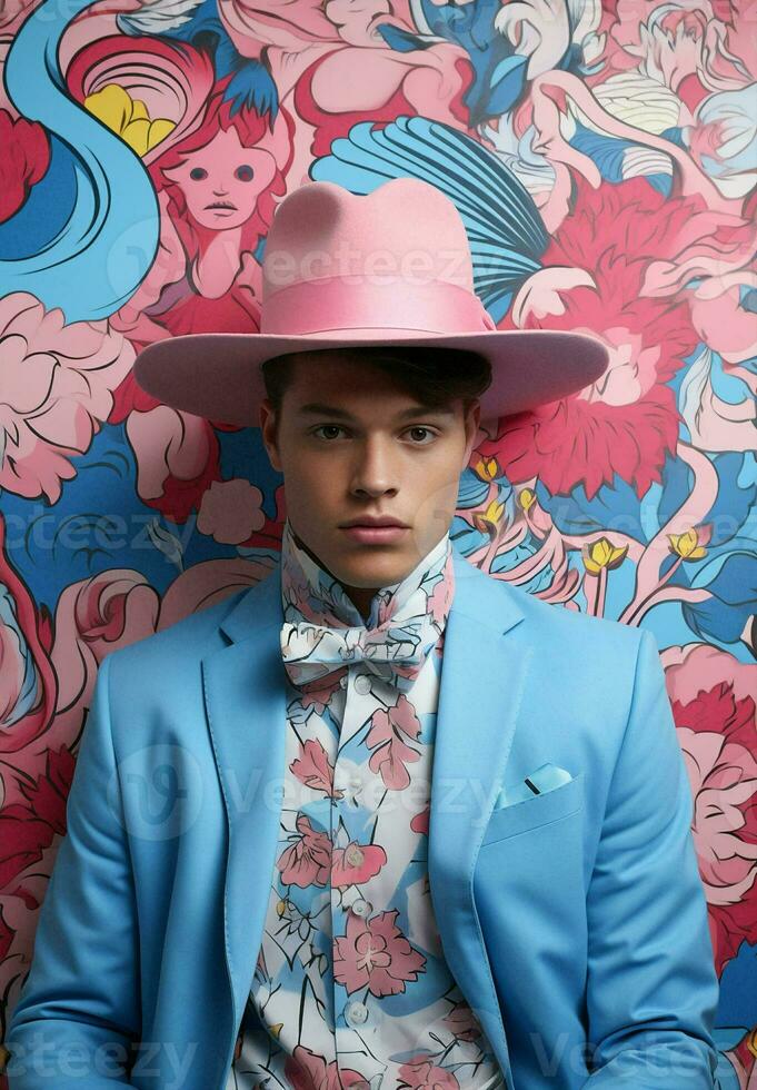 Fashion man animal modern flowers portrait summer person concept lifestyle hat dino photo