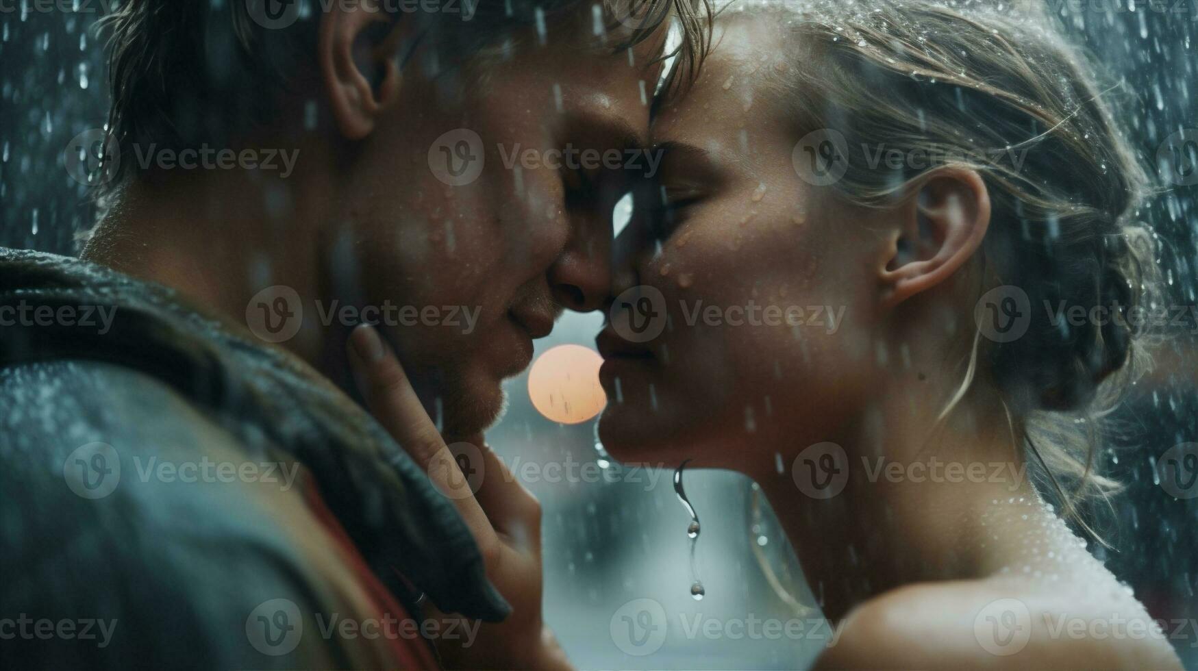 man woman kiss rain love couple female date relationship two girlfriend people. Generative AI. photo
