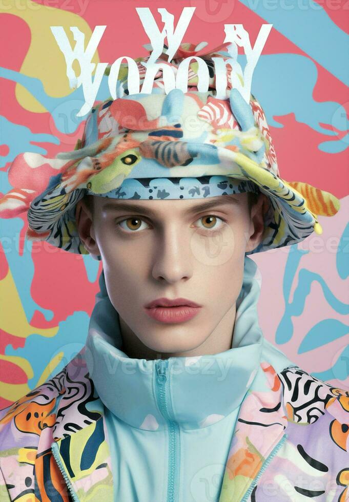 Lifestyle man animal flowers modern hat fashion guy dino background concept portrait photo