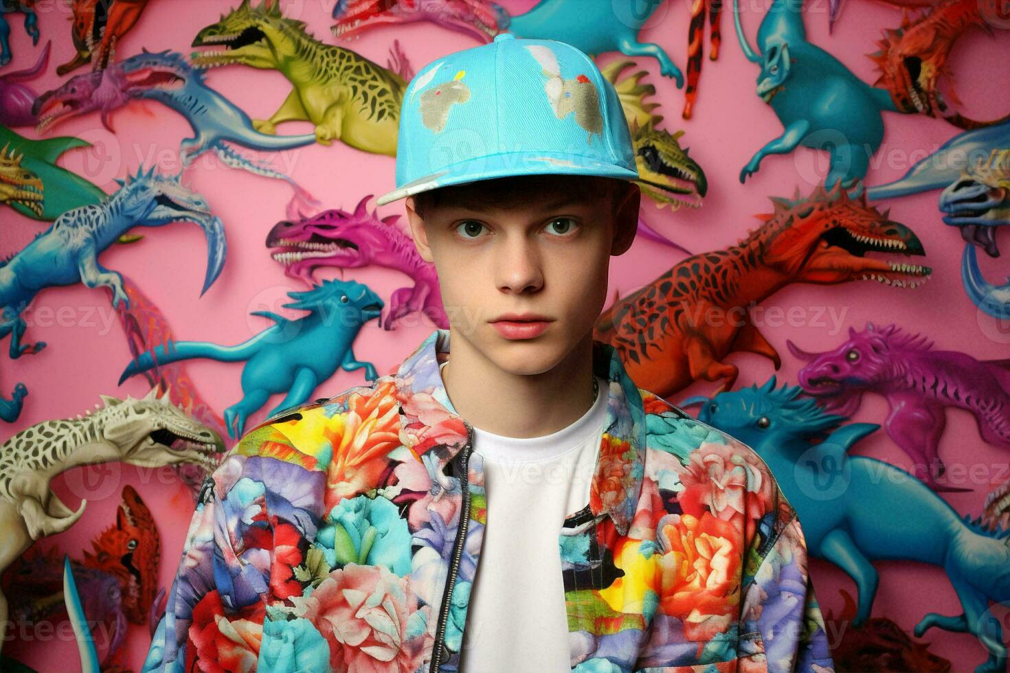 Hat man animal urban flowers young dino fashion beauty outdoors portrait concept modern lifestyle photo