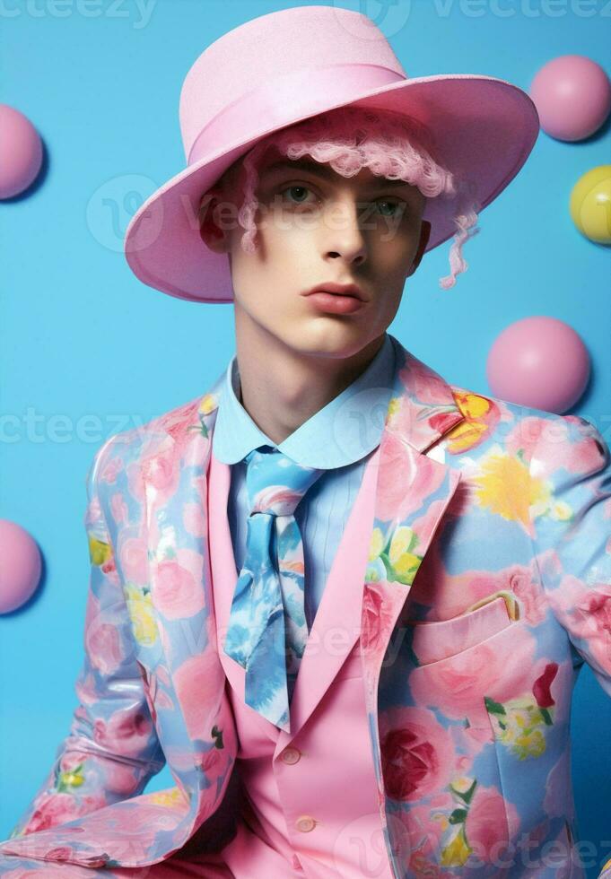 Dino man concept hat fashion lifestyle modern animal flowers handsome portrait photo