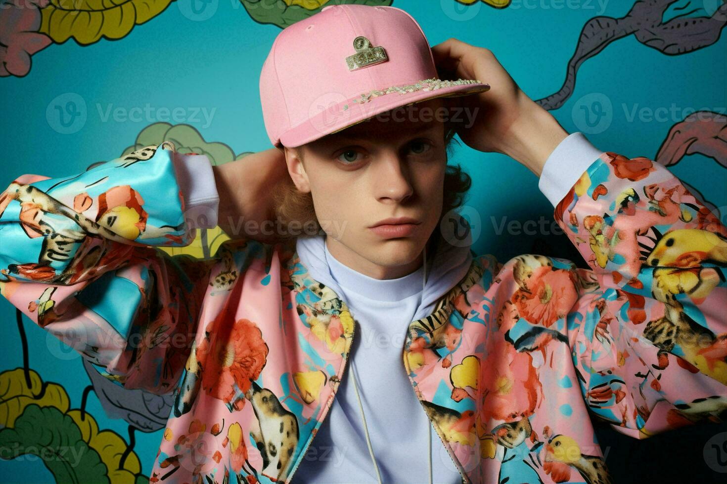 Man looking lifestyle portrait flowers concept outdoors animal fashion caucasian bright modern dino hat photo