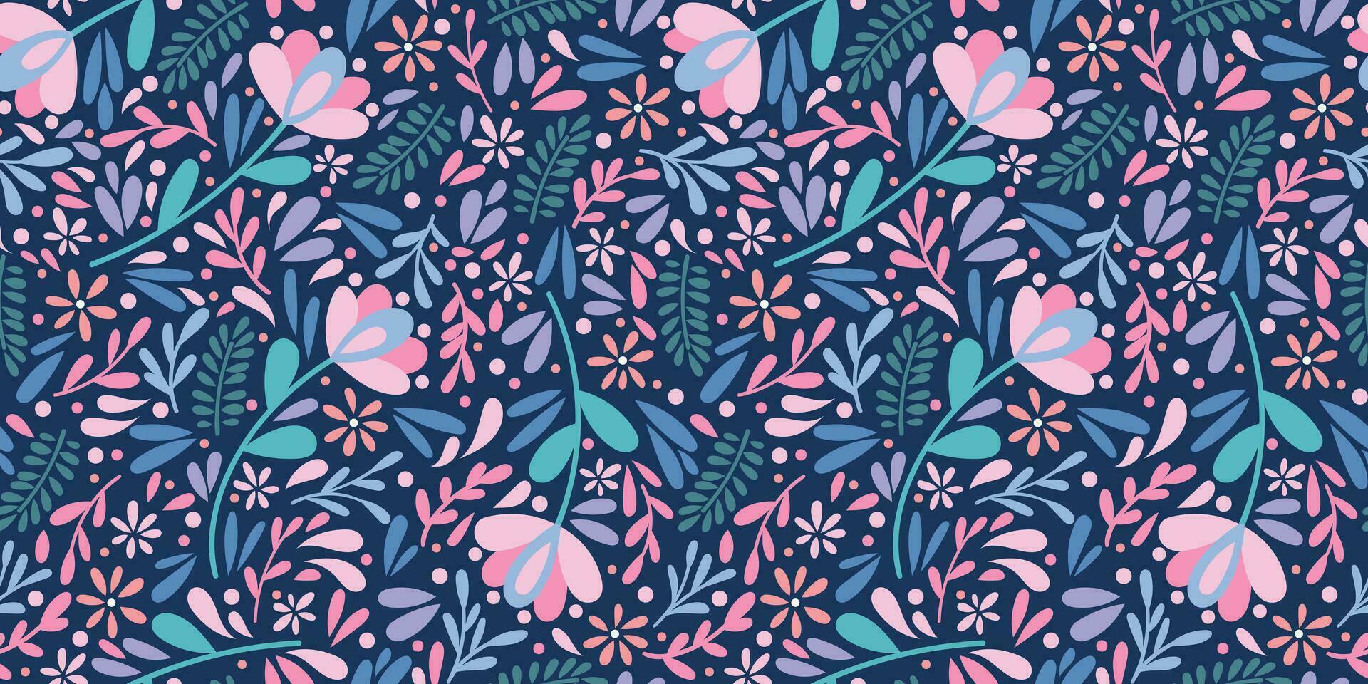 Dark blue modern floral pattern vector background, seamless repeating wallpaper