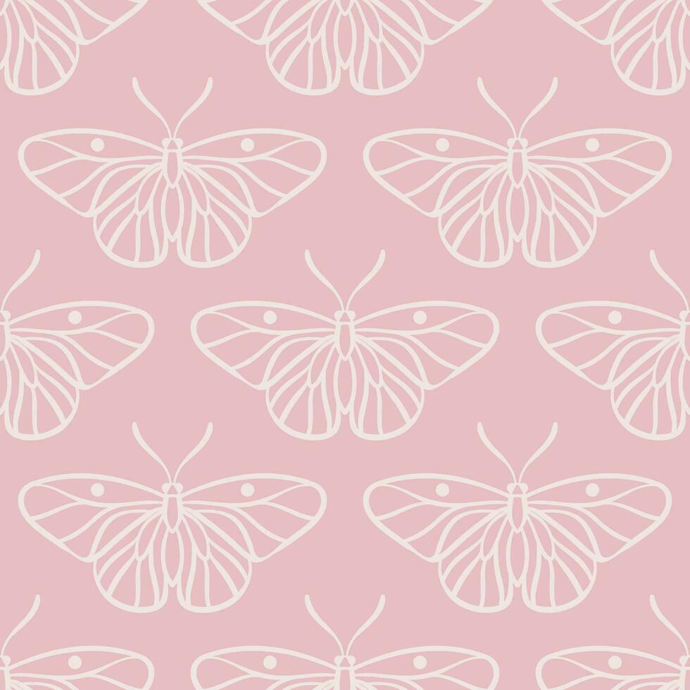 Pastel pink butterfly line art vector pattern, simple illustration, seamless repeating background