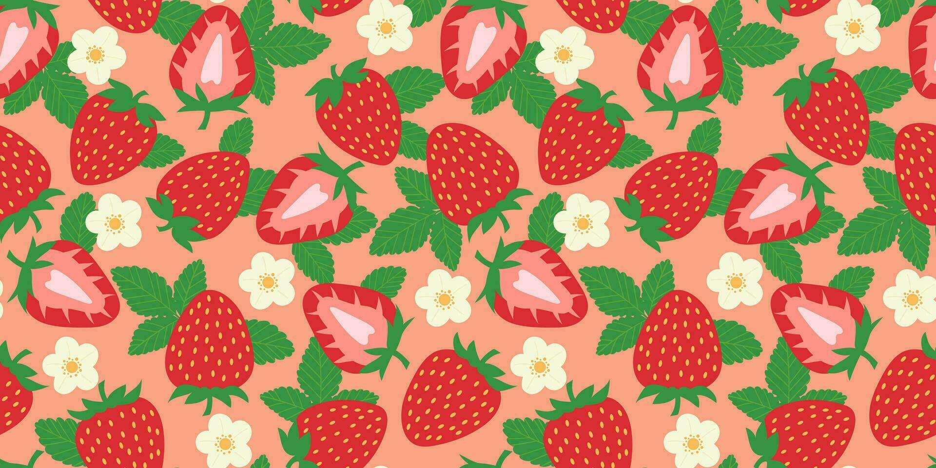 Strawberry vector repeat pattern, seamless background with fruit