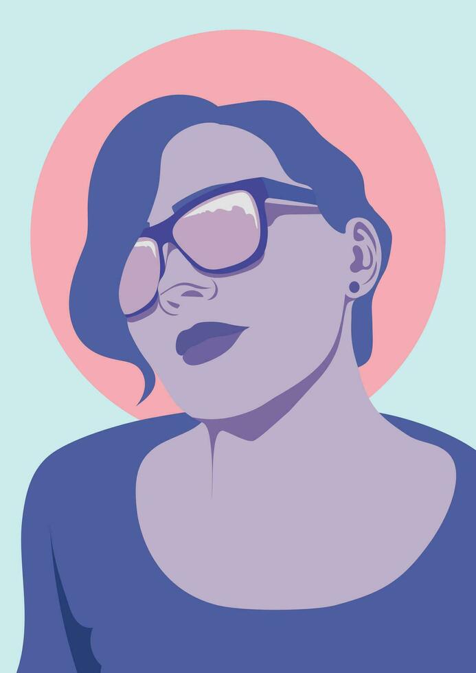 mujer con Gafas de sol y corto pelo vector retrato, hembra cara plano ilustración póster