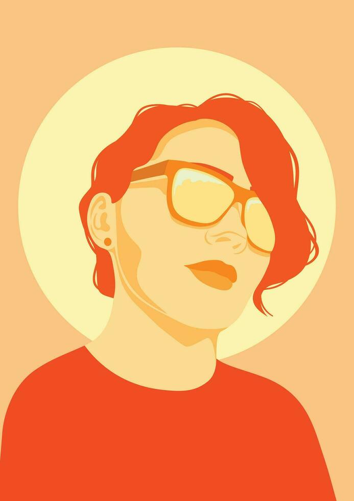 Woman retro summer portrait, female with red hair and sunglasses, vector poster