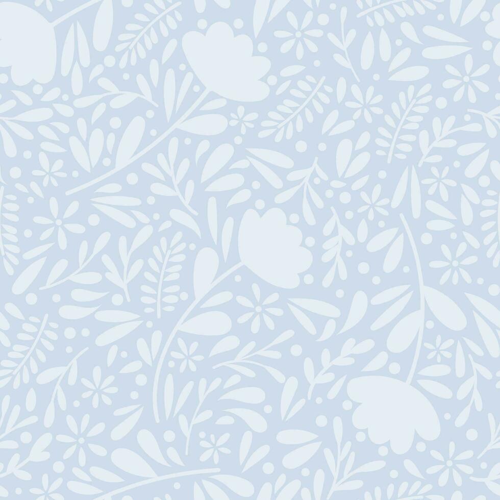 Ditsy blue floral laves vector pattern, seamless background repeating tile