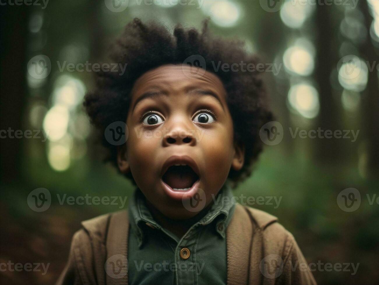 chico niño expresión gracioso sorpresa cara emoción inesperado retrato negro antecedentes. generativo ai. foto