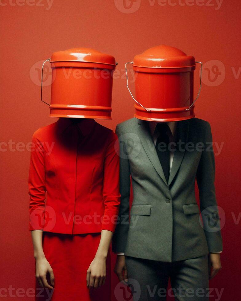 Beauty woman dress red dark art bucket pretty fashionable concept standing vintage photo