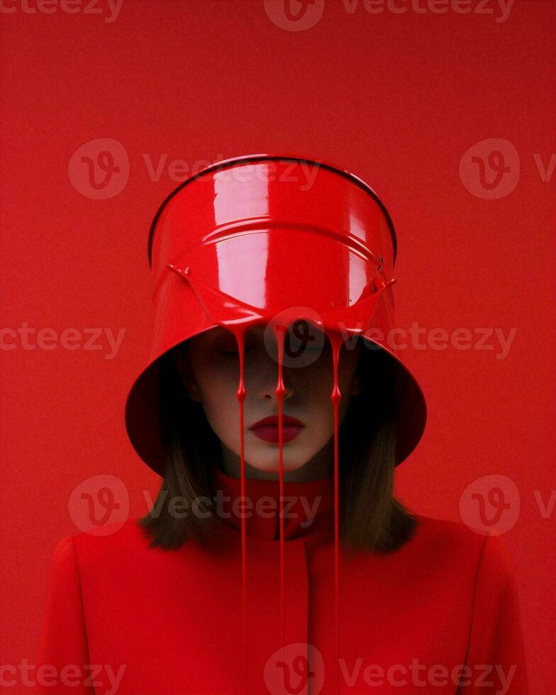 Woman standing art beauty spring concept adult young vintage dress fashionable red bucket photo