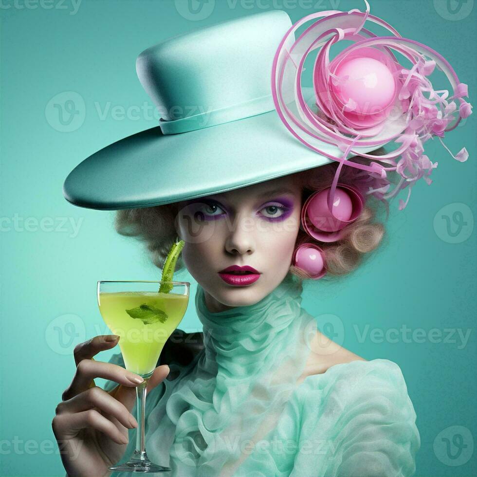 Wine woman vintage lips dress hat retro drink glass caucasian pink party young fashion photo