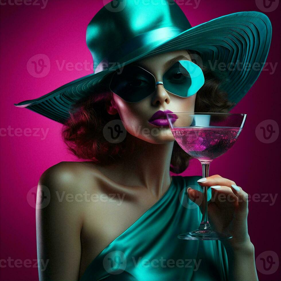 Woman drink party glass dress person retro romantic vintage face pink hat fashion photo