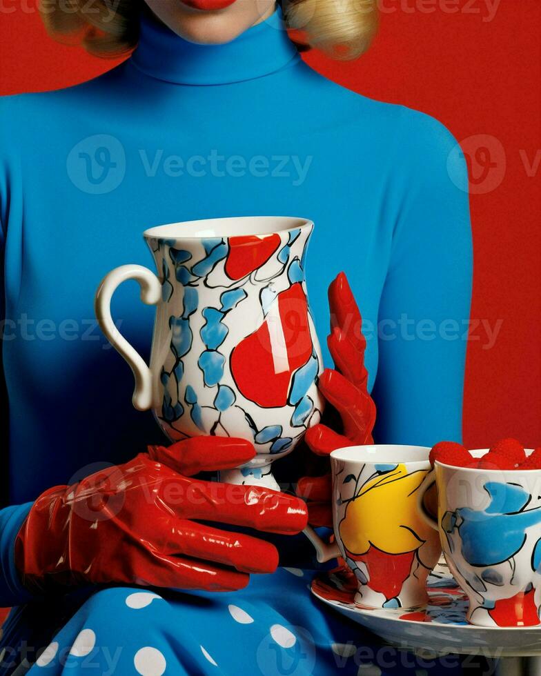 mujer atractivo azul taza belleza Moda bonito retro Clásico retrato rojo foto