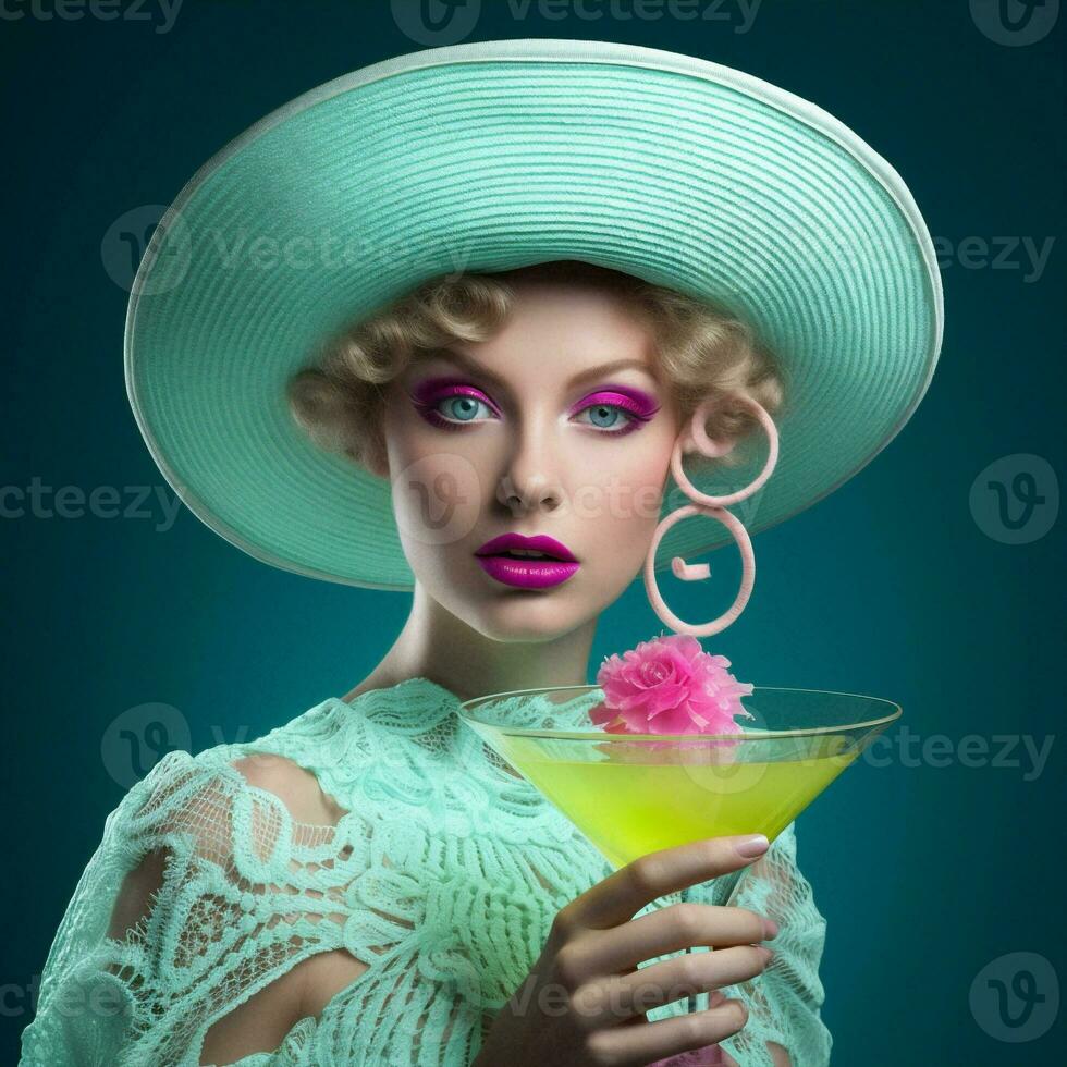 Woman drink hat vintage retro glass photo