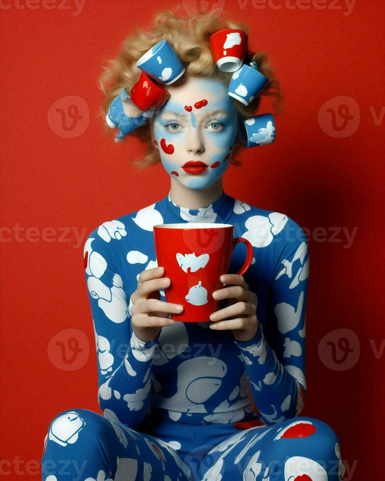 Woman vintage beauty blue makeup fashion hat attractive red cup retro caucasian portrait posing photo