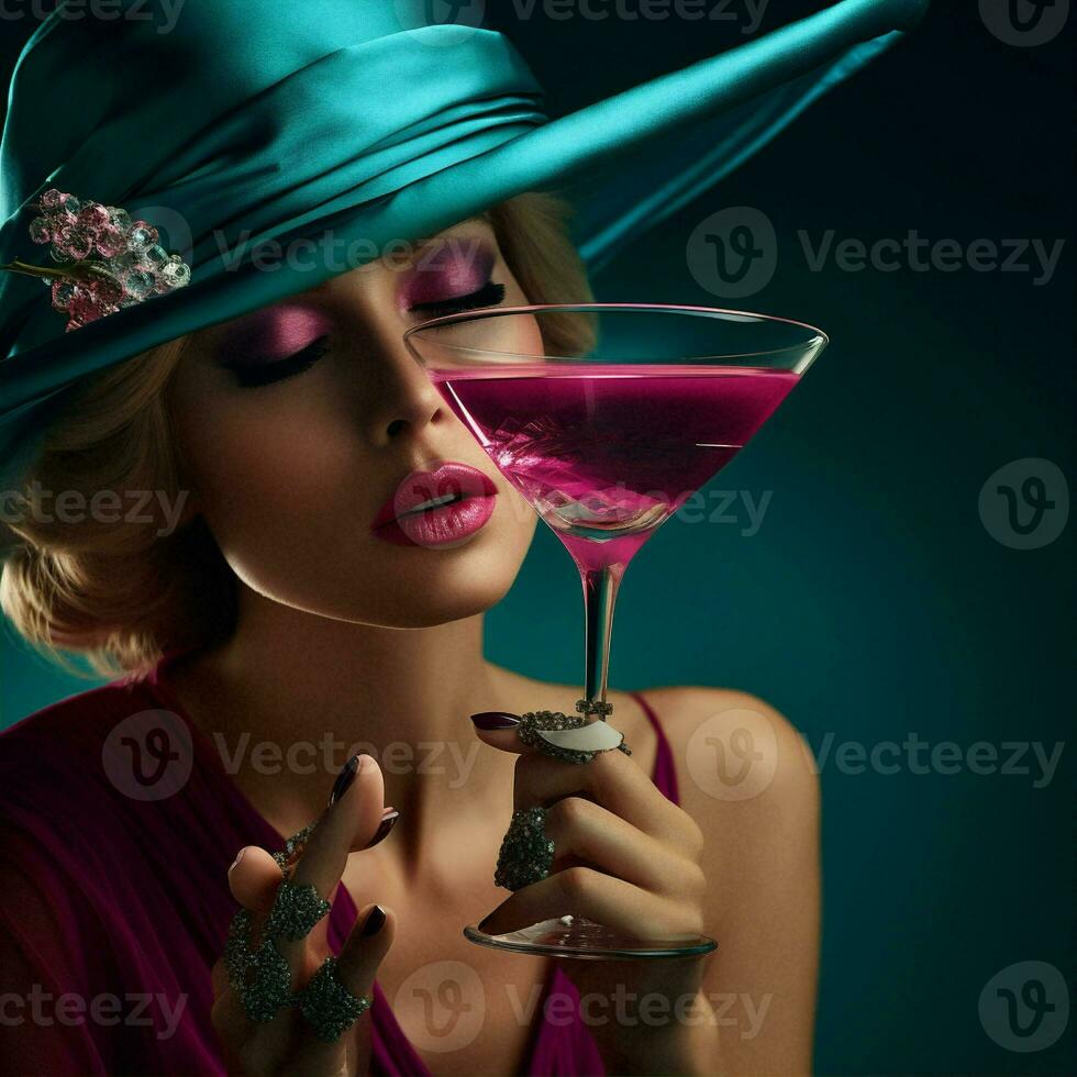 Woman hair dress fashion retro pink glass vintage party drink hat photo