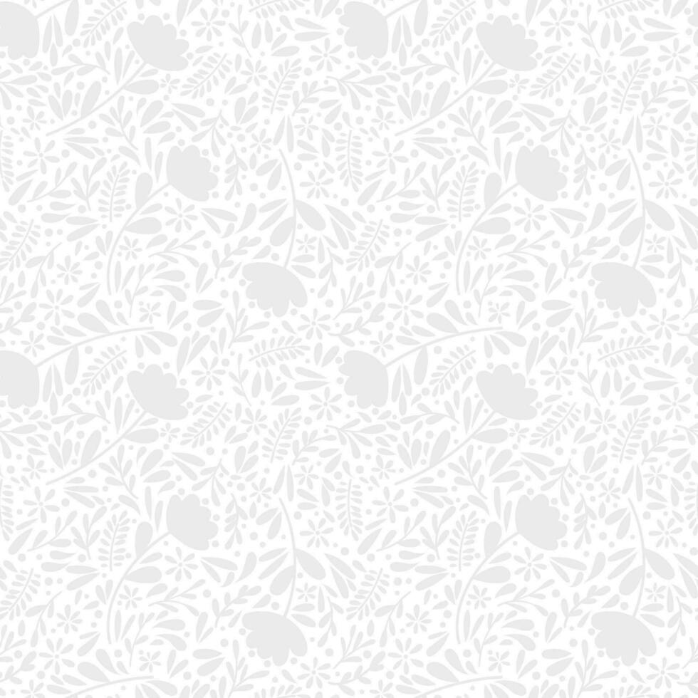 White floral texture, seamless vector pattern, lace inspired background with leaves and flowers